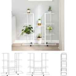 Online The Living Store Växtställ på hjul 94,5x24,5x91,5 cm vit järn - Växtställ Växtställ