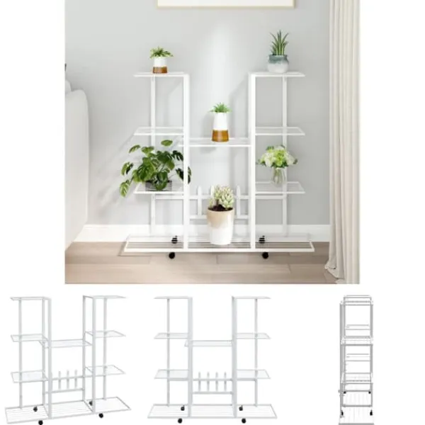 Online The Living Store Växtställ på hjul 94,5x24,5x91,5 cm vit järn - Växtställ Växtställ