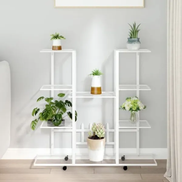 Online The Living Store Växtställ på hjul 94,5x24,5x91,5 cm vit järn - Växtställ Växtställ