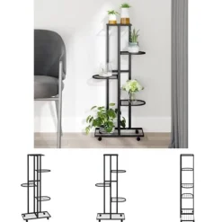 New The Living Store Växtställ på hjul 5 hyllor 44x23x100 cm svart järn - Växtställ Växtställ