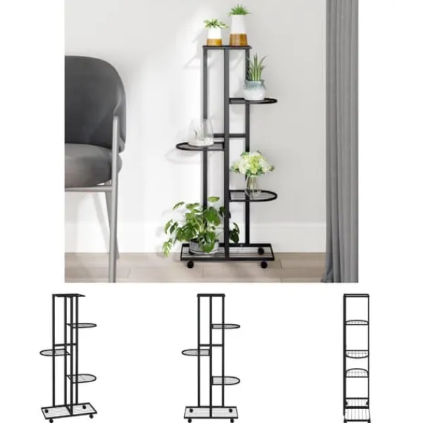 New The Living Store Växtställ på hjul 5 hyllor 44x23x100 cm svart järn - Växtställ Växtställ