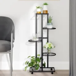 New The Living Store Växtställ på hjul 5 hyllor 44x23x100 cm svart järn - Växtställ Växtställ