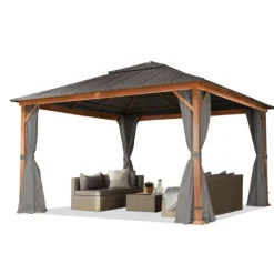 Outlet TOOLPORT Trädgårdspaviljong 4x4 m trä-look, Hardtop Ståltak 4st gardiner i färgen grå Tält & Lusthus