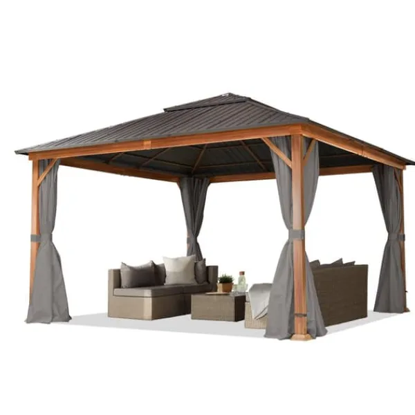 Outlet TOOLPORT Trädgårdspaviljong 4x4 m trä-look, Hardtop Ståltak 4st gardiner i färgen grå Tält & Lusthus