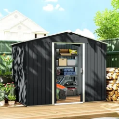 Sale Trädgårdsbod - Redskapsförråd - 236×174×190 cm - Metall - Vattentät - 2 Skjutdörrar - Sluttande Tak - 4 Fönster - Grå Skjul, Garage & Carports