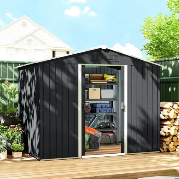 Sale Trädgårdsbod - Redskapsförråd - 236×174×190 cm - Metall - Vattentät - 2 Skjutdörrar - Sluttande Tak - 4 Fönster - Grå Skjul, Garage & Carports