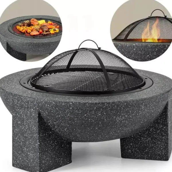 Trädgårdskamin för terrass eller tomt - Mörk granit + grill + poker