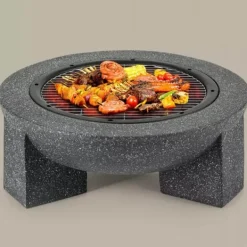 Trädgårdskamin för terrass eller tomt - Mörk granit + grill + poker