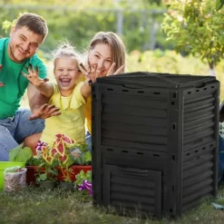 Online Trädgårdskompost - Kompostbehållare - 300 L Kapacitet - 48 Ventilationshål - 60,5×60,5×81,5 cm - Plast - Svart Kompostering