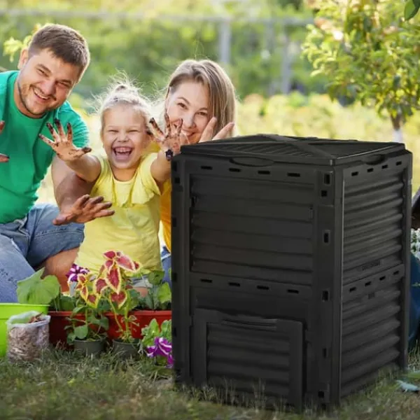 Online Trädgårdskompost - Kompostbehållare - 300 L Kapacitet - 48 Ventilationshål - 60,5×60,5×81,5 cm - Plast - Svart Kompostering