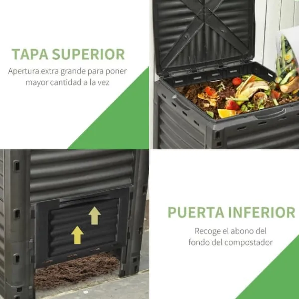 Online Trädgårdskompost - Kompostbehållare - 300 L Kapacitet - 48 Ventilationshål - 60,5×60,5×81,5 cm - Plast - Svart Kompostering