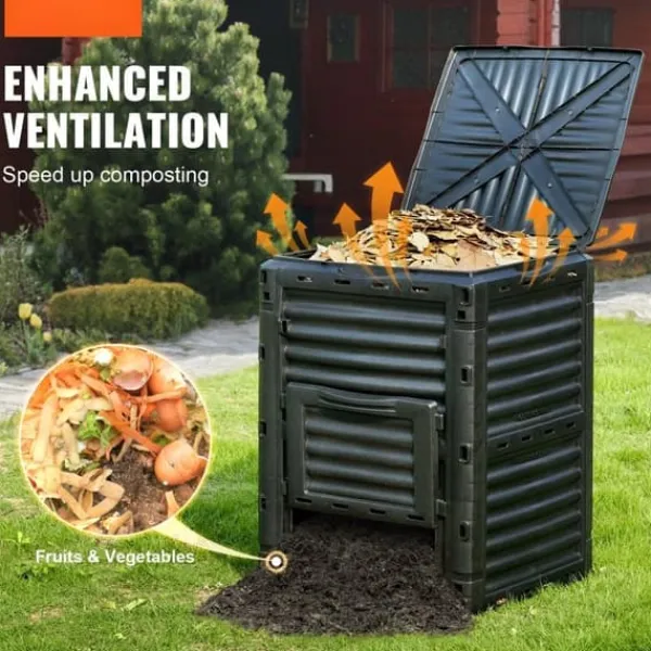 Trädgårdskompostbehållare 80 Gal, BPA-fri, stor kapacitet, utomhus, topplock, bottendörr, enkel montering, snabb bördig jord.