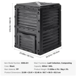 Trädgårdskompostbehållare 80 Gal, BPA-fri, stor kapacitet, utomhus, topplock, bottendörr, enkel montering, snabb bördig jord.