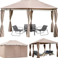 Clearance Trädgårdspaviljong 3x4m med sidoväggar och gardiner, vattentät, STRONG TENT Tält & Lusthus