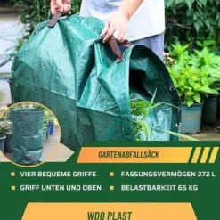 Trädgårdspåse i plast med handtag - 272 L hopfällbar trädgårdsavfallspåse av polypropentyg - Återanvändbar, stabil, vattentät[109]