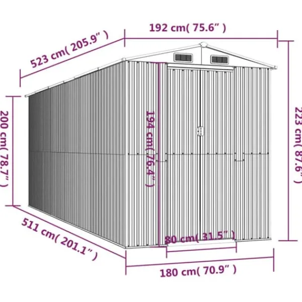 Trädgårdsskjul i galvaniserat stål - Utomhusförvaring | Färg: Antracit | Storlek: 192x523x223 cm