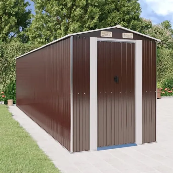 Hot Trädgårdsskjul i galvaniserat stål för redskap och utomhusförvaring | Färg: Mörkbrun | Storlek: 192x689x223 cm Skjul, Garage & Carports