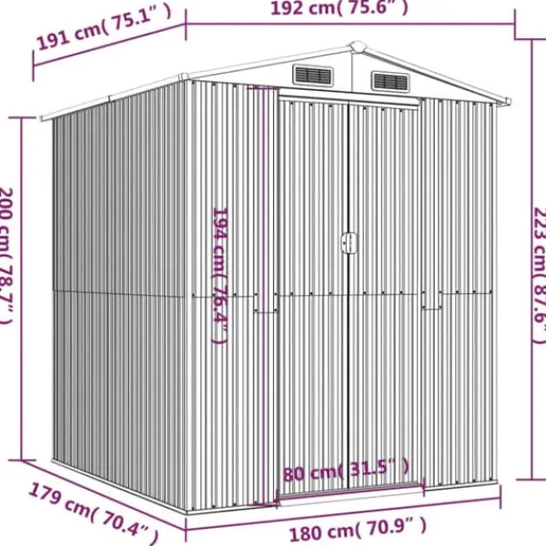 Trädgårdsskjul i galvaniserat stål - Utomhusförvaring | Färg: Antracit | Storlek: 192x191x223 cm