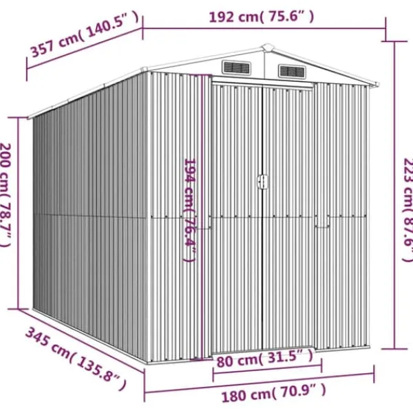 New Trädgårdsskjul i galvaniserat stål - Rymlig förvaring för redskap | Färg: Ljusgrå | Storlek: 192x357x223 cm Skjul, Garage & Carports
