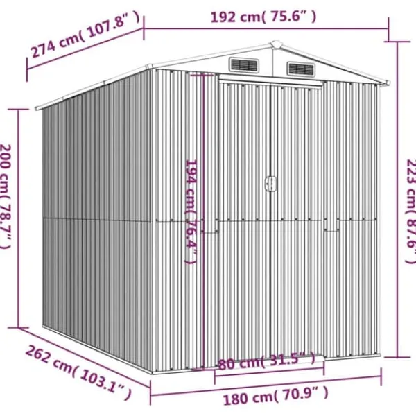 Trädgårdsskjul i galvaniserat stål - Rymlig förvaring | Färg: Antracit | Storlek: 192x274x223 cm