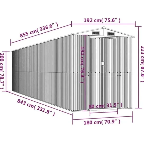 Trädgårdsskjul i galvaniserat stål - Rymlig förvaring för redskap | Färg: Ljusgrå | Storlek: 192x85x223 cm