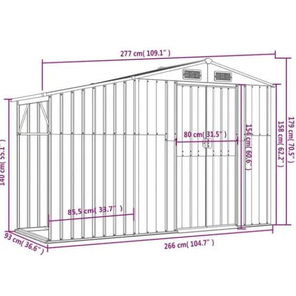 Sale Trädgårdsskjul med ventilering - Robust förvaring i galvaniserat stål | Färg: Grå | Storlek: 277x93x179 cm Skjul, Garage & Carports