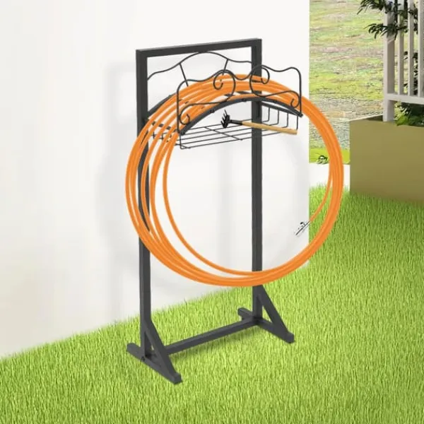 Trädgårdsslanghållare - Fristående slangställ - Järn - Med jordspett - Belastning 22,68 kg - Mått 38×18×86 cm - Totalhöjd 106 cm - Svart