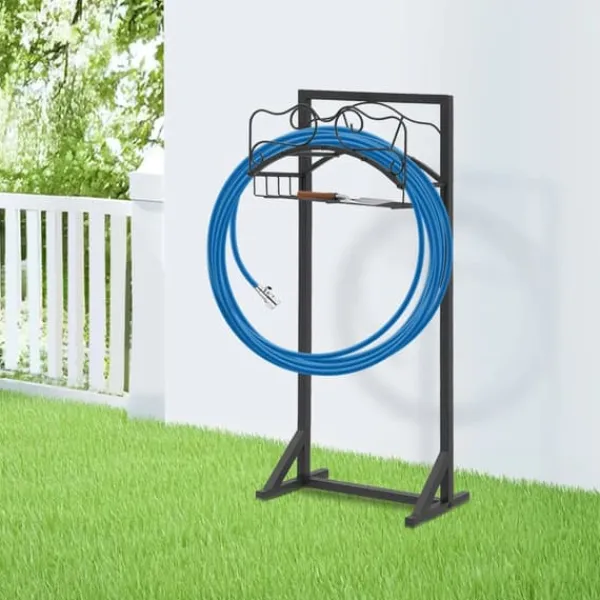 Trädgårdsslanghållare - Fristående slangställ - Järn - Med jordspett - Belastning 22,68 kg - Mått 38×18×86 cm - Totalhöjd 106 cm - Svart