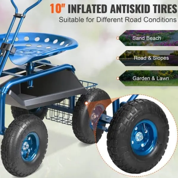 Best Trädgårdsvagn med hjul, 360° vridbar sits, verktygsbricka, perfekt för uteplats och gård, blå. Stöd Med Hjul, Säten & Knäskydd För Trädgårdsskötsel