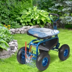 Best Trädgårdsvagn med hjul, 360° vridbar sits, verktygsbricka, perfekt för uteplats och gård, blå. Stöd Med Hjul, Säten & Knäskydd För Trädgårdsskötsel