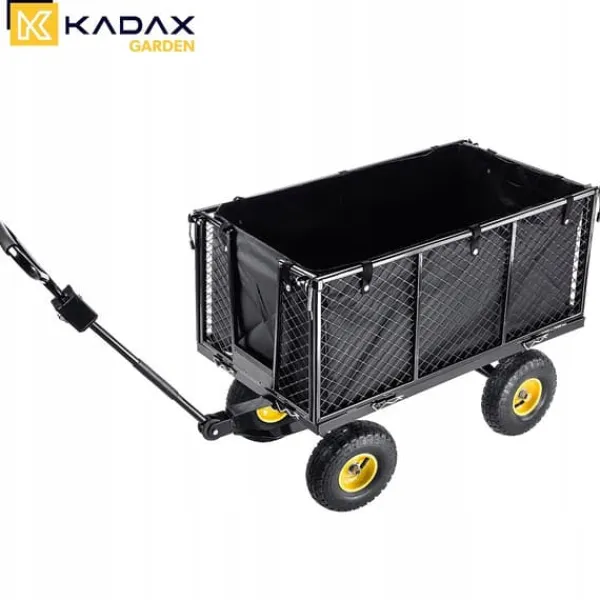 Trädgårdsvagn, Pulverlackerat metallmaterial, 450 kg kapacitet, Mått 96x51x72 cm, Mönstrade hjul för stabilitet, Nätväggar med PVC-presenning