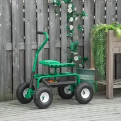 Discount Trädgårdsvagn/verkstadsvagn med roterbar sits & korg, höjdjusterbar, 150 kg, grön, 81×44,5×46–59 cm Stöd Med Hjul, Säten & Knäskydd För Trädgårdsskötsel
