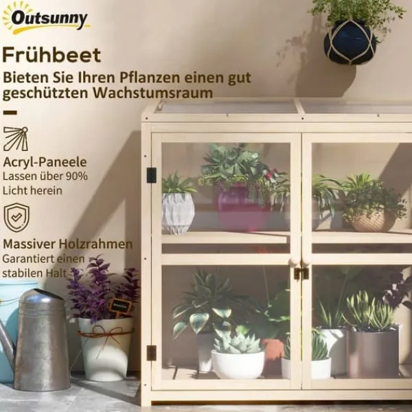 Trädrivbänk 2-stegs med dubbeldörr & takfönster, vindskydd, 103x61x103 cm, natur Växthus