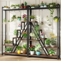 Tribesigns 7-Vånings Växtställ, Blomsterställ för Inomhusbruk, Växthylla Gjord av Stål, Trä, Flervånings Blomsterhylla, 105 x 30 x 180 cm Hög Blomtrap | CDON
