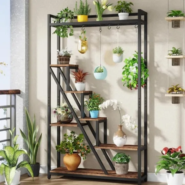 Tribesigns 7-Vånings Växtställ, Blomsterställ för Inomhusbruk, Växthylla Gjord av Stål, Trä, Flervånings Blomsterhylla, 105 x 30 x 180 cm Hög Blomtrap | CDON