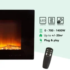 Trivero 130 elektrisk väggspis - Svart glas - 127 cm bred - Appkontroll - Cinewall - 1400 Watt värme