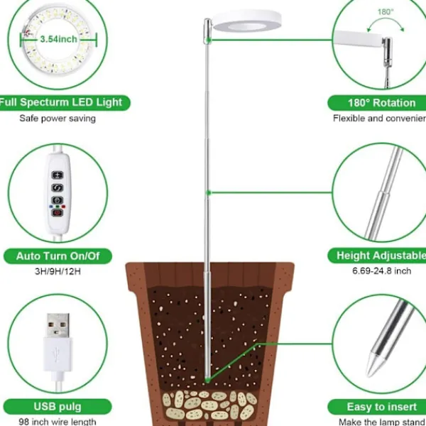 New 3.5-tums Vit Varm Ljus 5W Justerbar Växtlampa med USB & Timer Kit För Växt- & Örtplantering