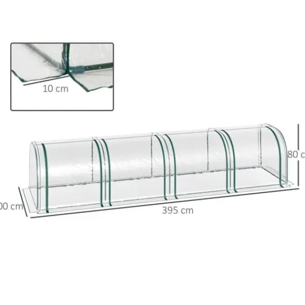 Hot Tunnelväxthus 395x100x80 cm, 4 zip-fönster, stålram, transparent duk Växthus