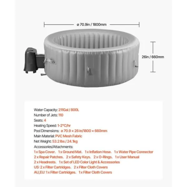 Hot Uppblåsbar Bubbelpool, Modell för 2-4 Personer, 1800x660mm Rund, Bärbar Utomhusspa, Snabb Uppvärmning Spa & Utomhusbad
