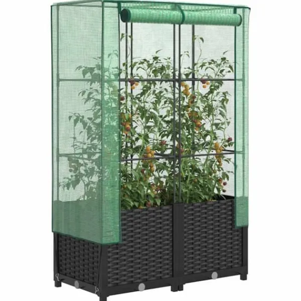Best Upphöjd odlingslåda med växthusöverdrag i rottinglook | Storlek: 80x40x138 cm Växthus