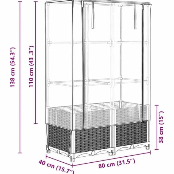 Best Upphöjd odlingslåda med växthusöverdrag i rottinglook | Storlek: 80x40x138 cm Växthus