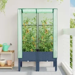Discount Upphöjd odlingslåda med växthusöverdrag i rottinglook | Storlek: 80x40x140 cm Växthus