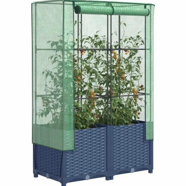 Upphöjd odlingslåda med växthusöverdrag i rottinglook | Storlek: 80x40x138 cm