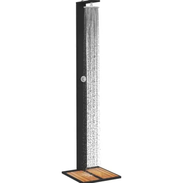 Outlet Utedusch i konstrotting med akaciaträ | Färg: Svart | Storlek: 50x55x224 cm Spa & Utomhusbad