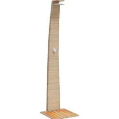 Online Utedusch i konstrotting med akaciaträ - Trendig trädgårdsdusch | Färg: Beige | Storlek: 55x60x224 cm Spa & Utomhusbad