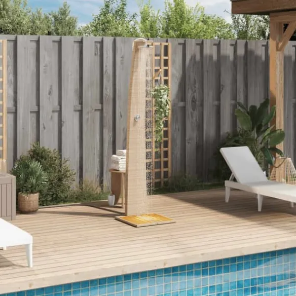 Online Utedusch i konstrotting med akaciaträ - Trendig trädgårdsdusch | Färg: Beige | Storlek: 55x60x224 cm Spa & Utomhusbad
