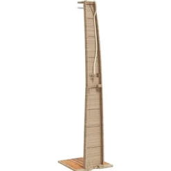 Online Utedusch i konstrotting med akaciaträ - Trendig trädgårdsdusch | Färg: Beige | Storlek: 55x60x224 cm Spa & Utomhusbad