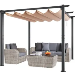 New Utfällbar pergola 10'x10' med solskyddstak i aluminium, beige, hållbar, enkel installation, perfekt för trädgård och uteplats Valvbågar, Spaljéer, Bersåer & Pergolor