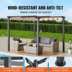 New Utfällbar pergola 10'x10' med solskyddstak i aluminium, beige, hållbar, enkel installation, perfekt för trädgård och uteplats Valvbågar, Spaljéer, Bersåer & Pergolor