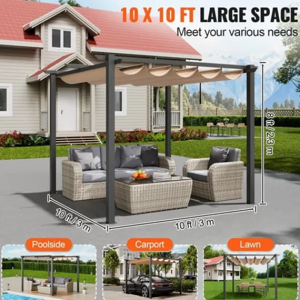 New Utfällbar pergola 10'x10' med solskyddstak i aluminium, beige, hållbar, enkel installation, perfekt för trädgård och uteplats Valvbågar, Spaljéer, Bersåer & Pergolor